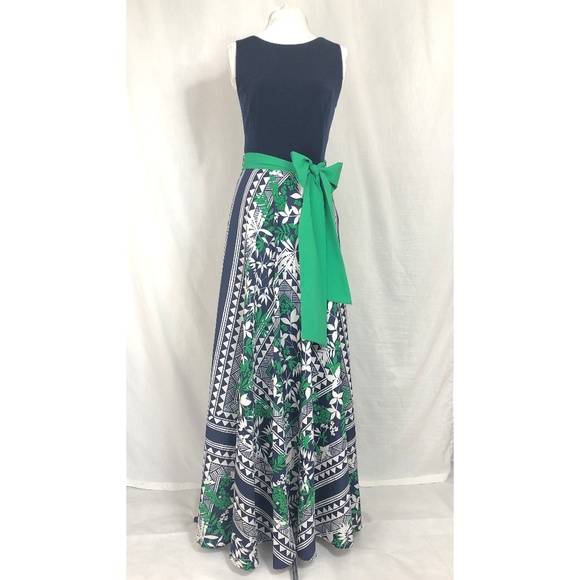 eliza j scarf print jersey & crêpe de chine maxi dress